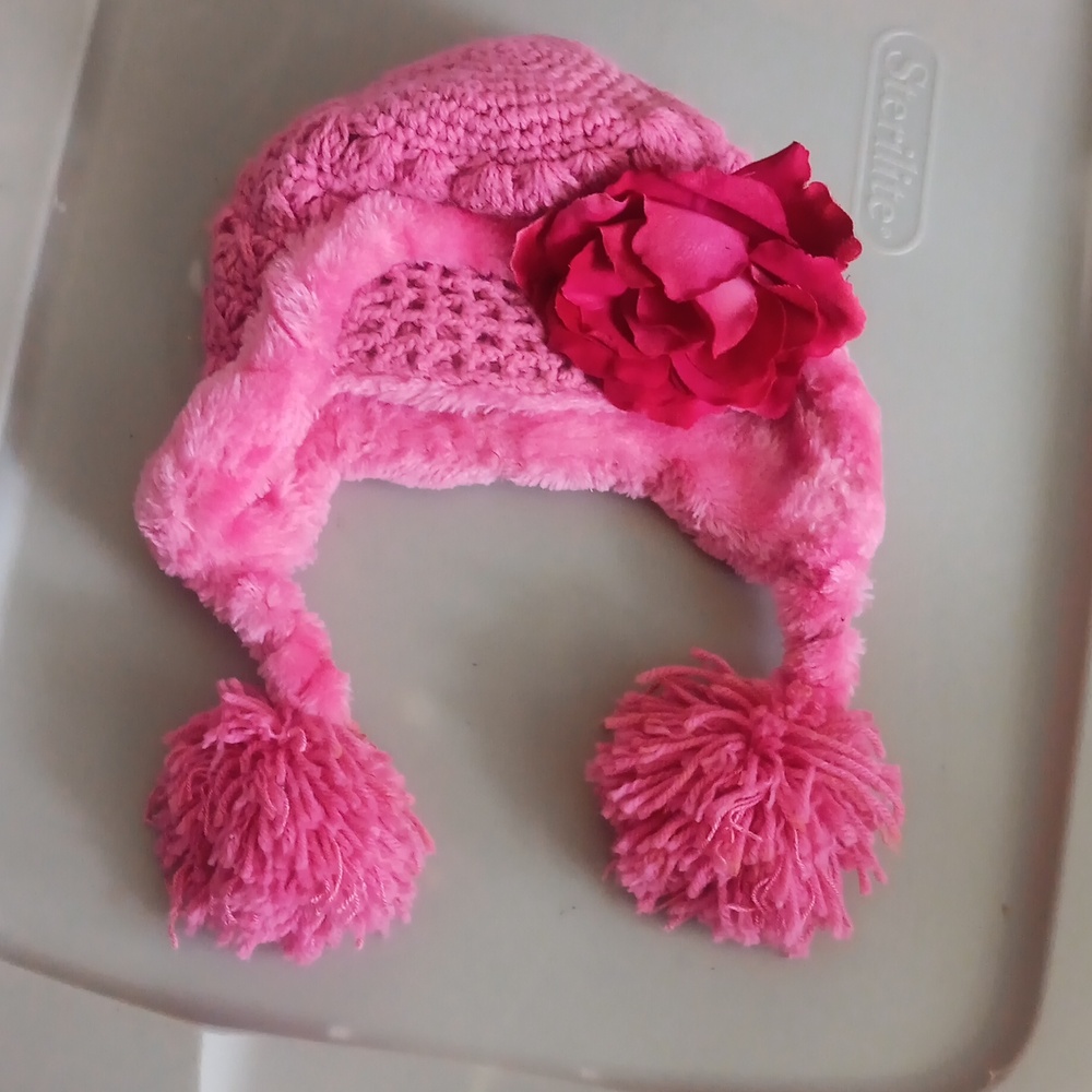 Jamie Rae hats pink crocheted hat with faux fur lining